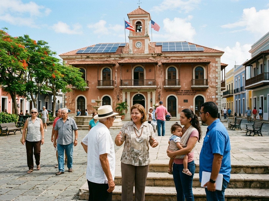 Alcaldía con paneles solares en la plaza de un municipio de Puerto Rico